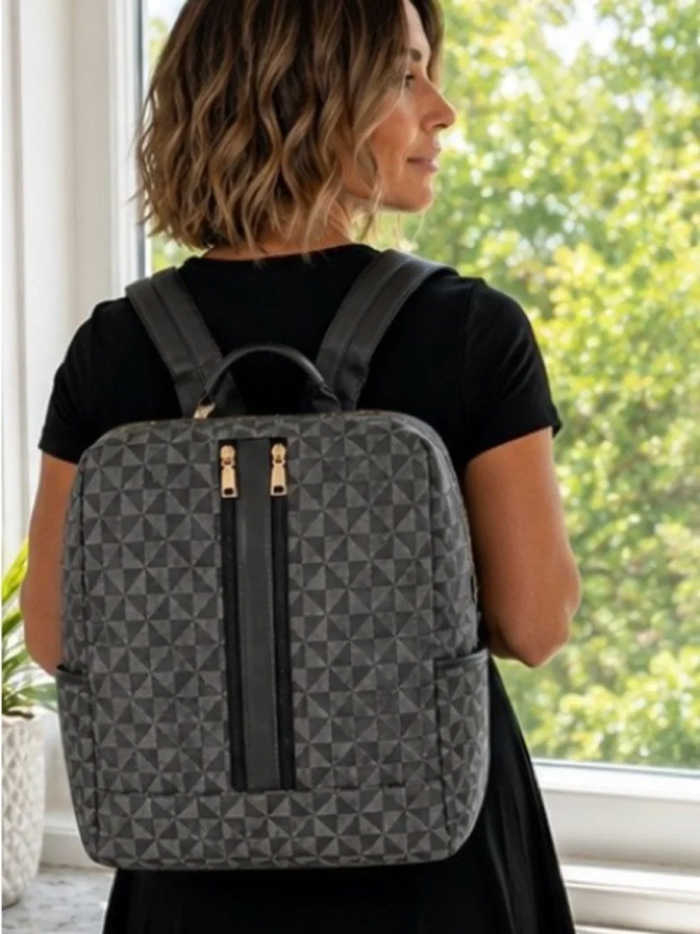 Gray Geometric Convertible Backpack Tote – Black Trim & Gold Hardware